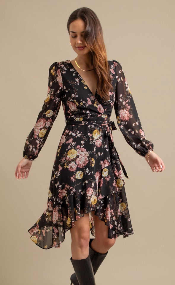 Ptd Chiffon LS Ruffle Wrap Dress Black/floral