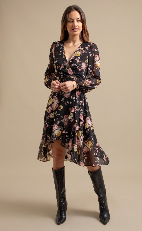Ptd Chiffon LS Ruffle Wrap Dress Black/floral