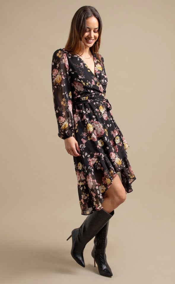 Ptd Chiffon LS Ruffle Wrap Dress Black/floral