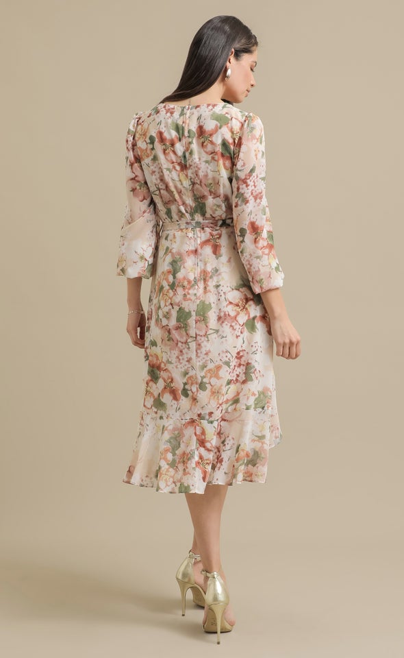 Ptd Chiffon LS Ruffle Wrap Dress Cream/floral
