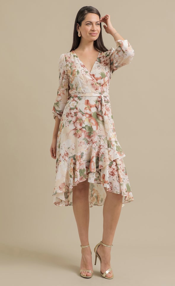 Ptd Chiffon LS Ruffle Wrap Dress Cream/floral