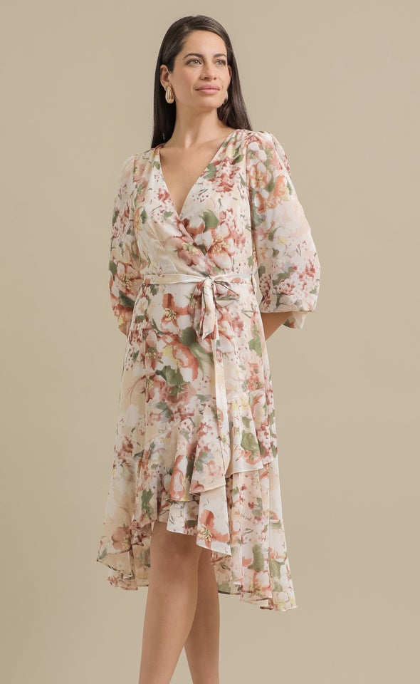 Ptd Chiffon LS Ruffle Wrap Dress Cream/floral
