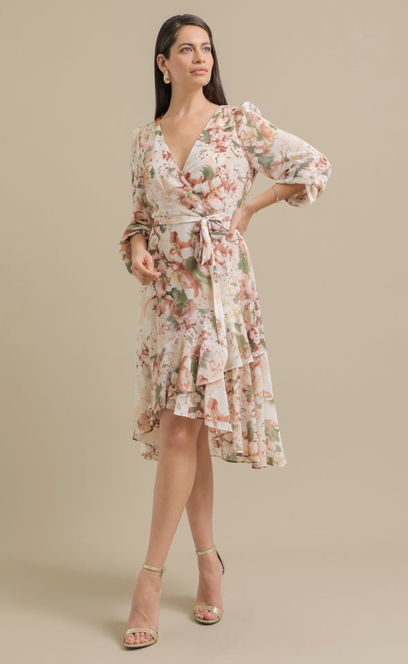 Ptd Chiffon LS Ruffle Wrap Dress Cream/floral