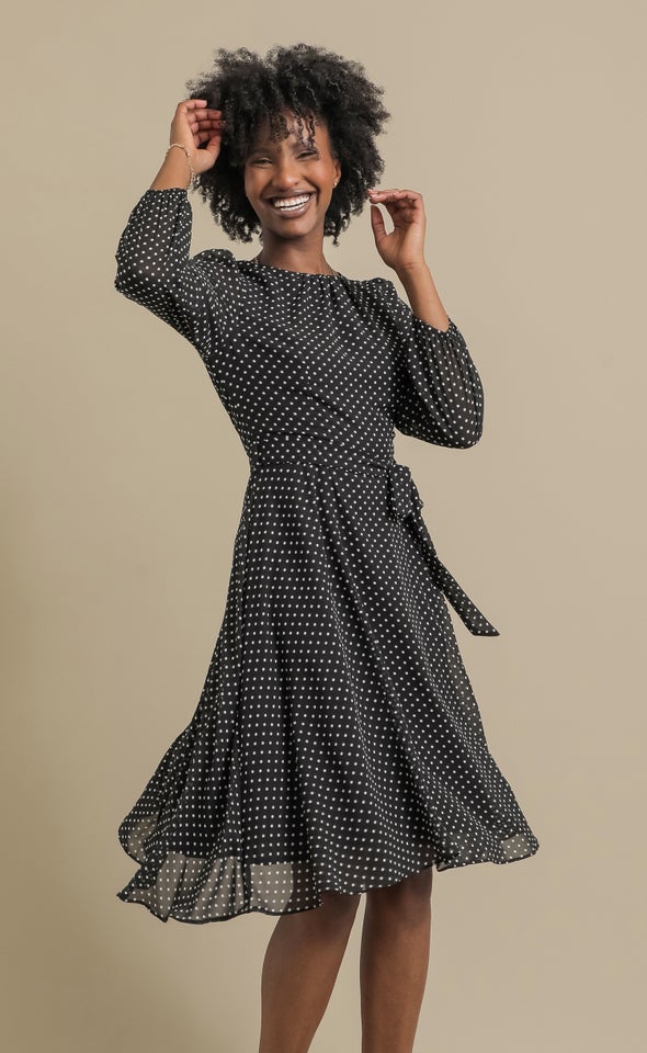 Ptd Chiffon LS Skater Dress Black/polka Dot