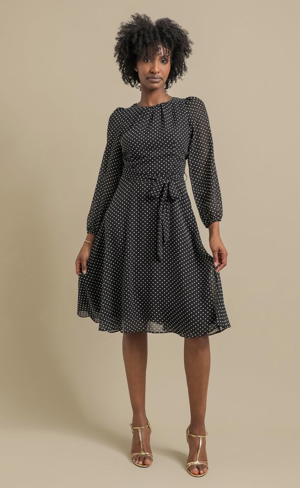 Ptd Chiffon LS Skater Dress Black/polka Dot