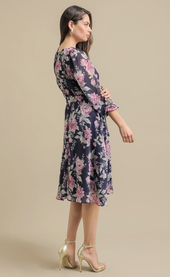 Ptd Chiffon LS Skater Dress Navy/floral