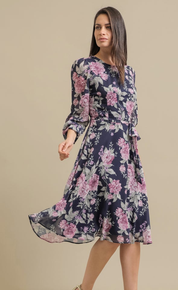 Ptd Chiffon LS Skater Dress Navy/floral