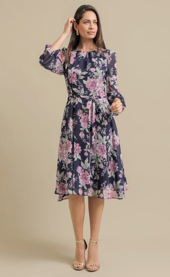 Ptd Chiffon LS Skater Dress Navy/floral