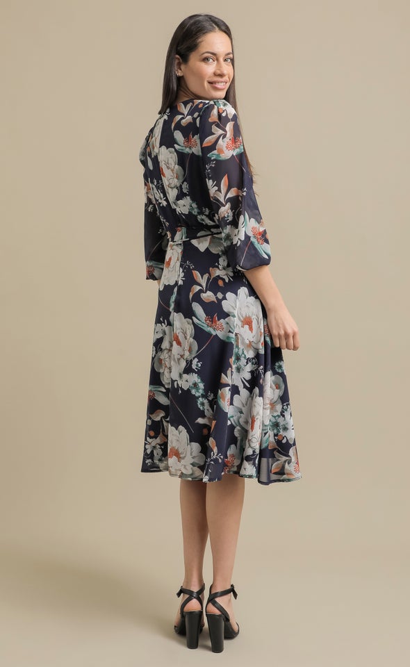 Ptd Chiffon LS Wrap Dress Navy/floral