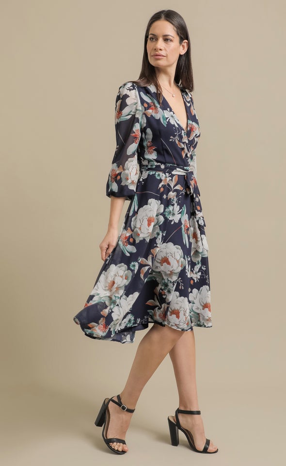 Ptd Chiffon LS Wrap Dress Navy/floral
