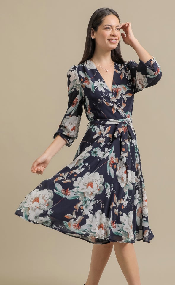 Ptd Chiffon LS Wrap Dress Navy/floral