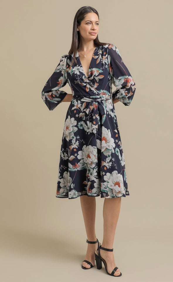 Ptd Chiffon LS Wrap Dress Navy/floral