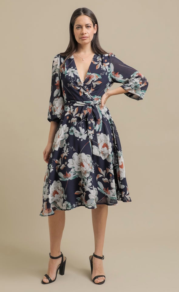 Ptd Chiffon LS Wrap Dress Navy/floral