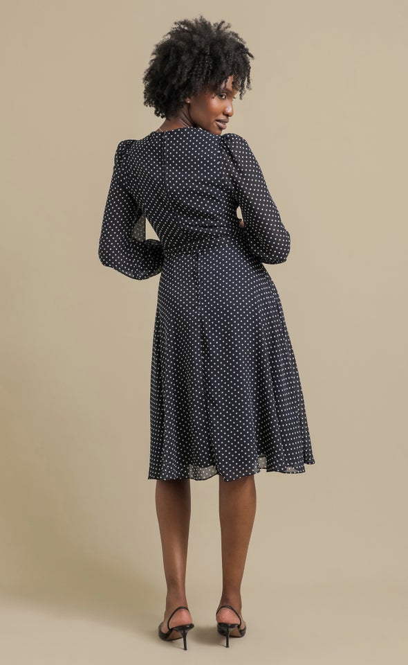 Ptd Chiffon LS Wrap Dress Navy/white
