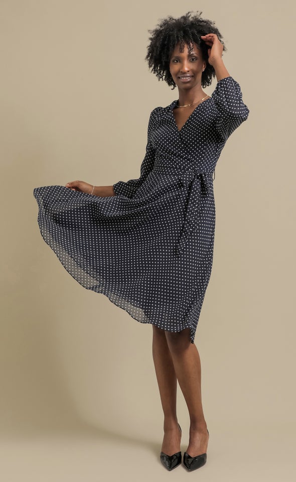 Ptd Chiffon LS Wrap Dress Navy/white
