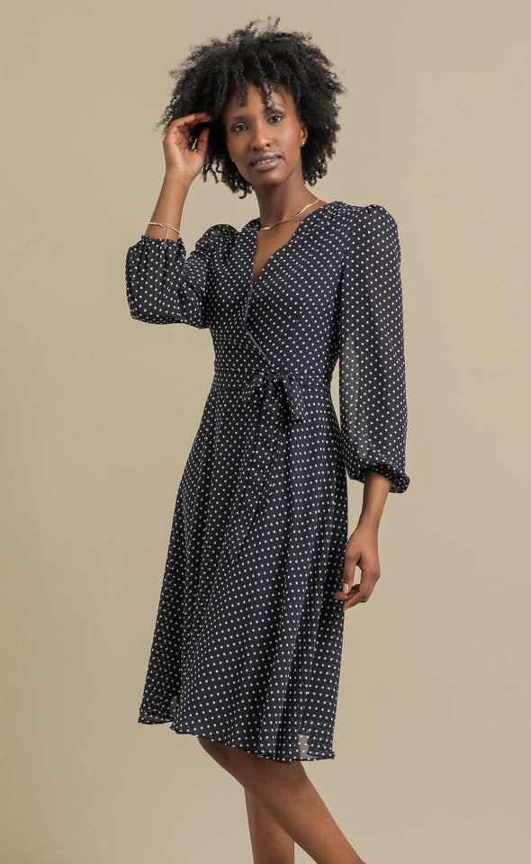 Ptd Chiffon LS Wrap Dress Navy/white