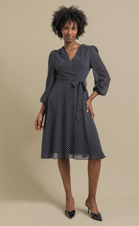 Ptd Chiffon LS Wrap Dress Navy/white