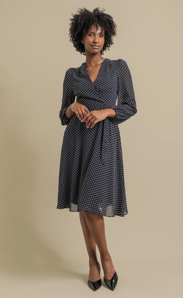 Ptd Chiffon LS Wrap Dress Navy/white