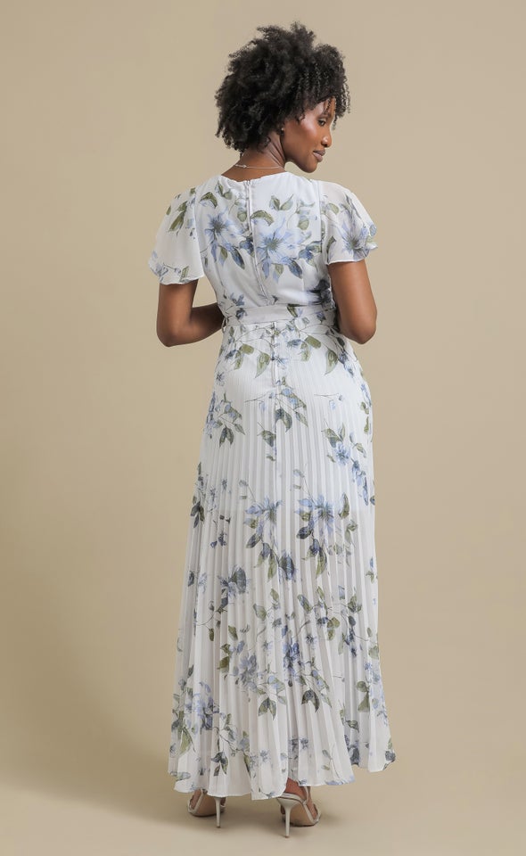 Ptd Chiffon Pleated Wrap Gown Blue/floral