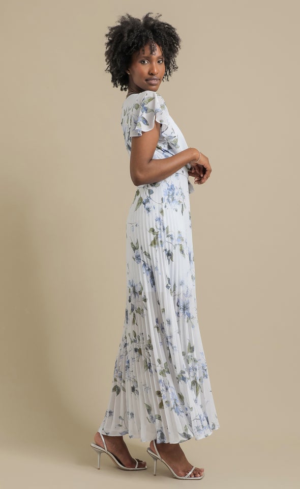 Ptd Chiffon Pleated Wrap Gown Blue/floral