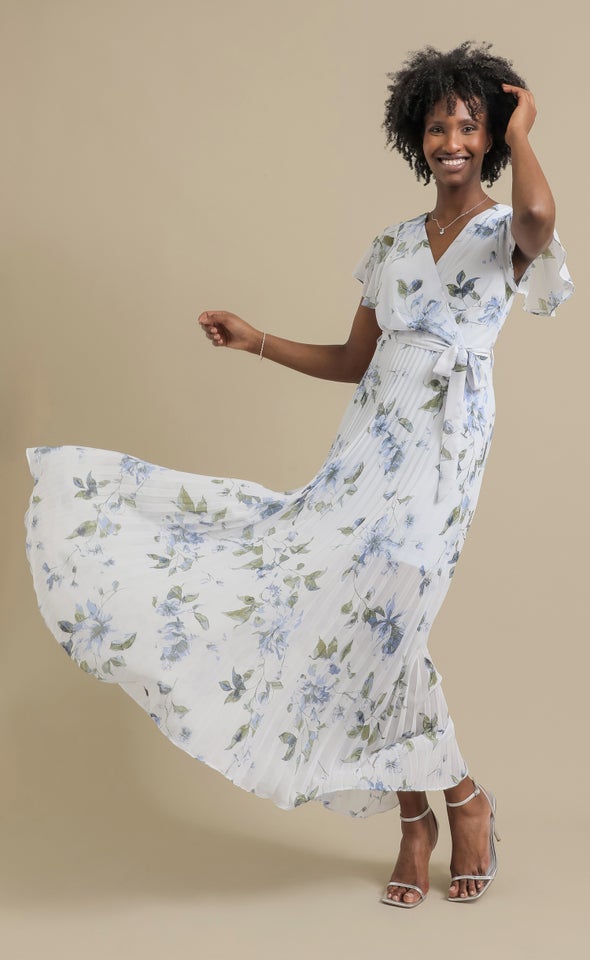 Ptd Chiffon Pleated Wrap Gown Blue/floral