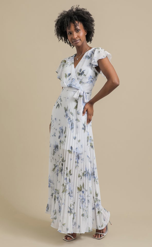Ptd Chiffon Pleated Wrap Gown Blue/floral