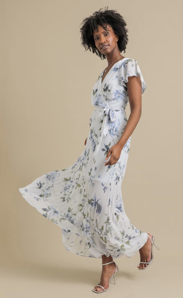 Ptd Chiffon Pleated Wrap Gown Blue/floral