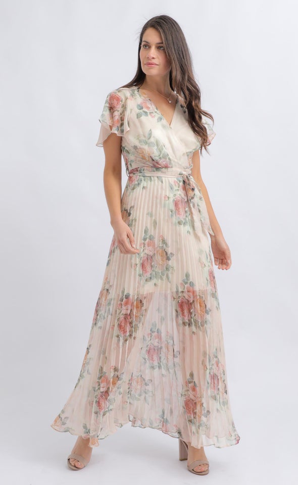 Ptd Chiffon Pleated Wrap Maxi Beige/floral