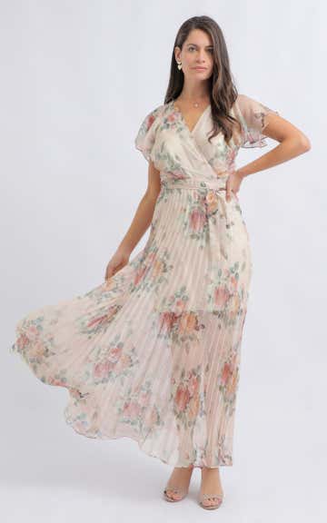 long sleeve beige wedding dress Black and Cream Floral Wrap Dress