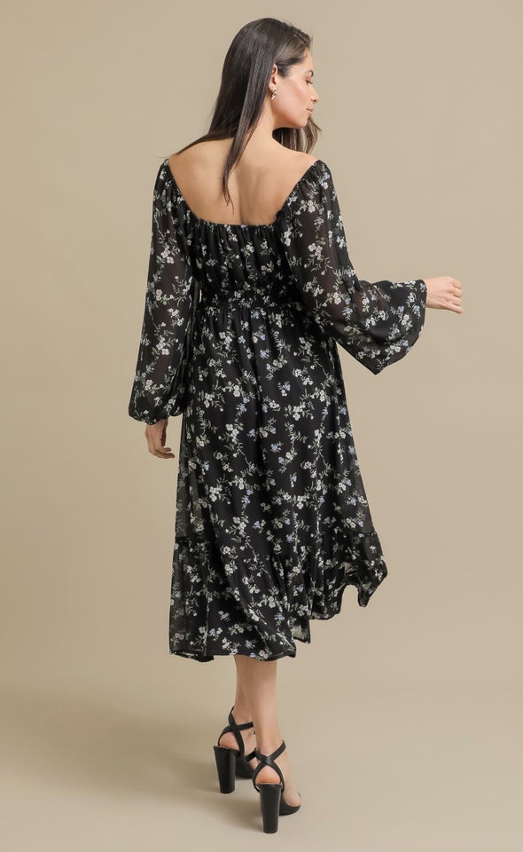 Ptd Chiffon Sweetheart LS Midi Dress Black/floral