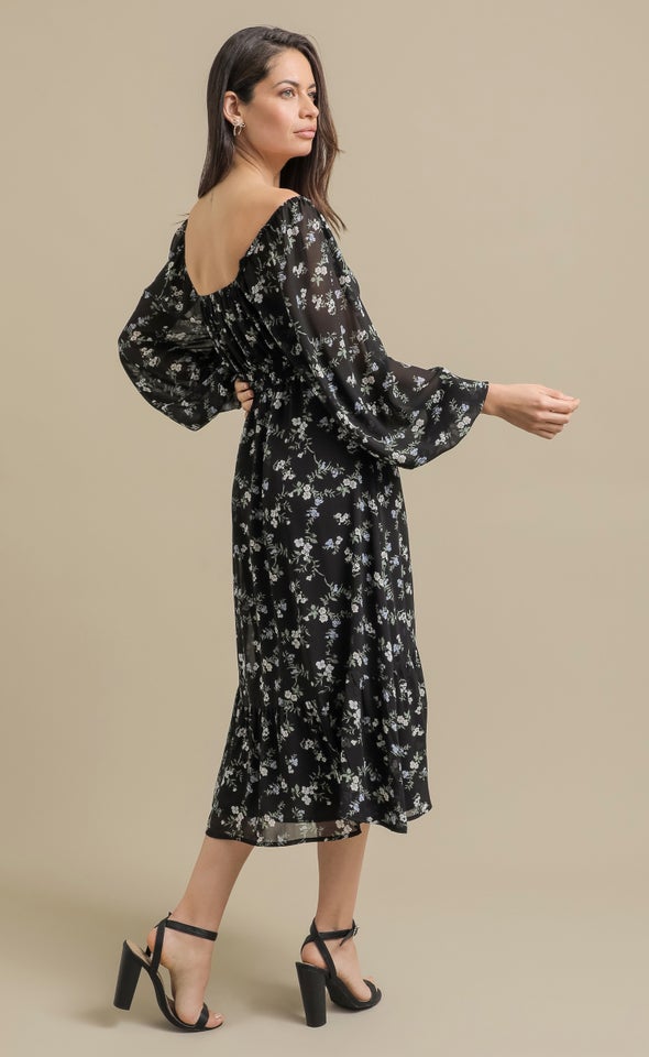 Ptd Chiffon Sweetheart LS Midi Dress Black/floral