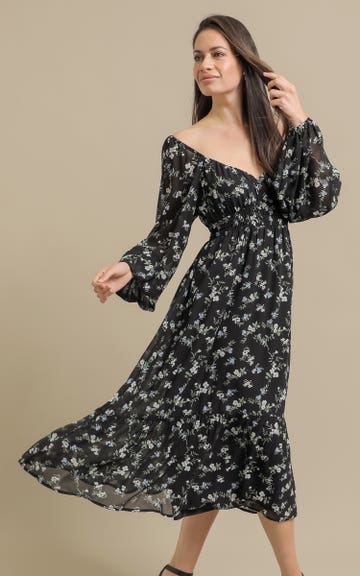 Shop our Ptd Chiffon Sweetheart LS Midi Dress in Black/floral | Pagani