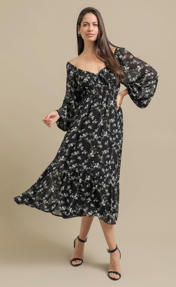 Ptd Chiffon Sweetheart LS Midi Dress Black/floral