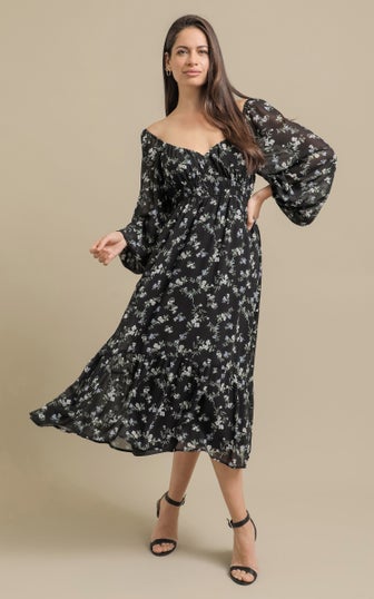 Ptd Chiffon Sweetheart LS Midi Dress