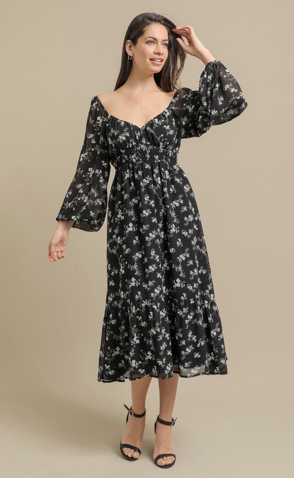 Ptd Chiffon Sweetheart LS Midi Dress Black/floral