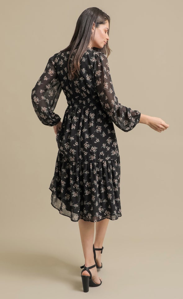 Ptd Chiffon Tie Front Midi Dress Black/dusky Floral