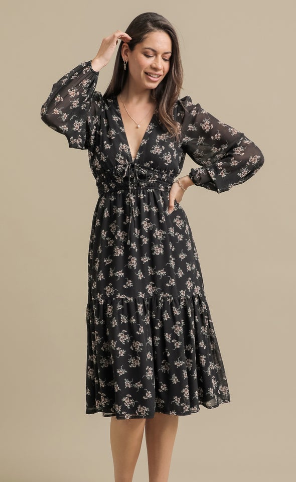 Ptd Chiffon Tie Front Midi Dress Black/dusky Floral