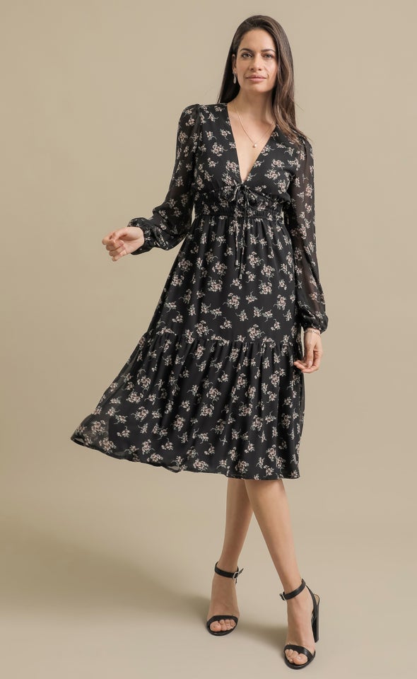 Ptd Chiffon Tie Front Midi Dress Black/dusky Floral