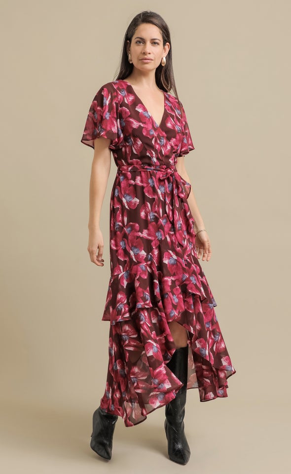 Ptd Chiffon Tier Ruffle Wrap Maxi Berry/floral