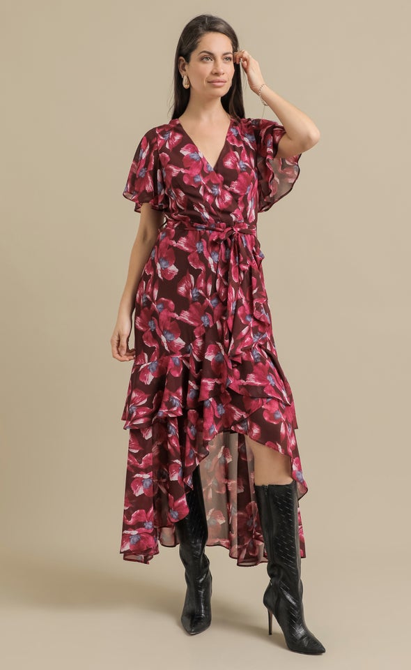 Ptd Chiffon Tier Ruffle Wrap Maxi Berry/floral