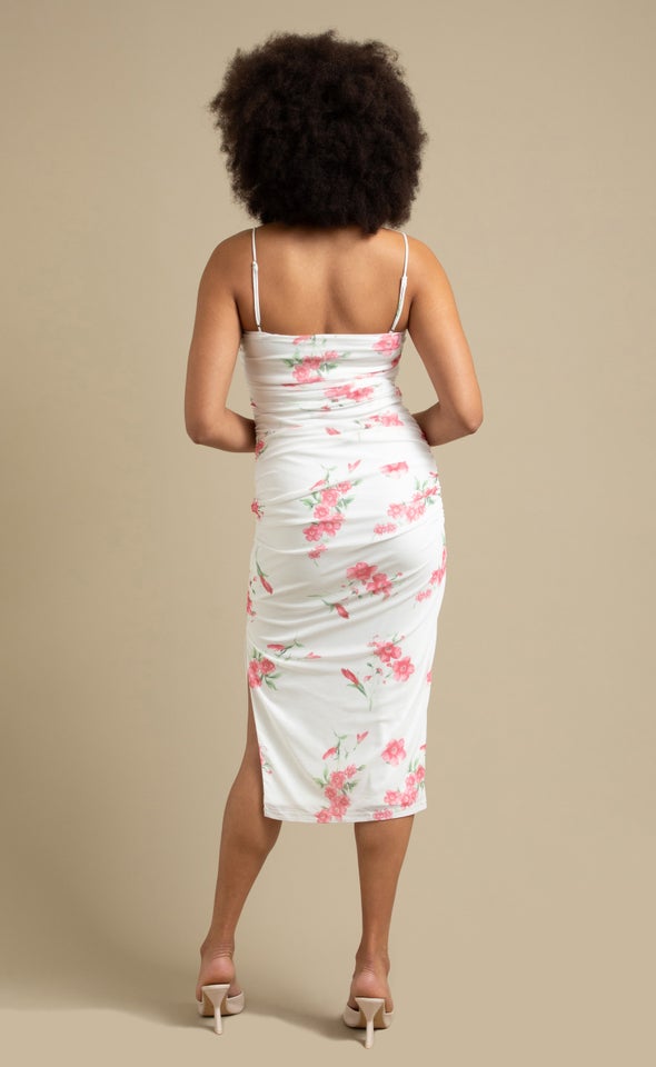 Ptd Mesh Ruched Midi Dress Cream/ Coral Floral