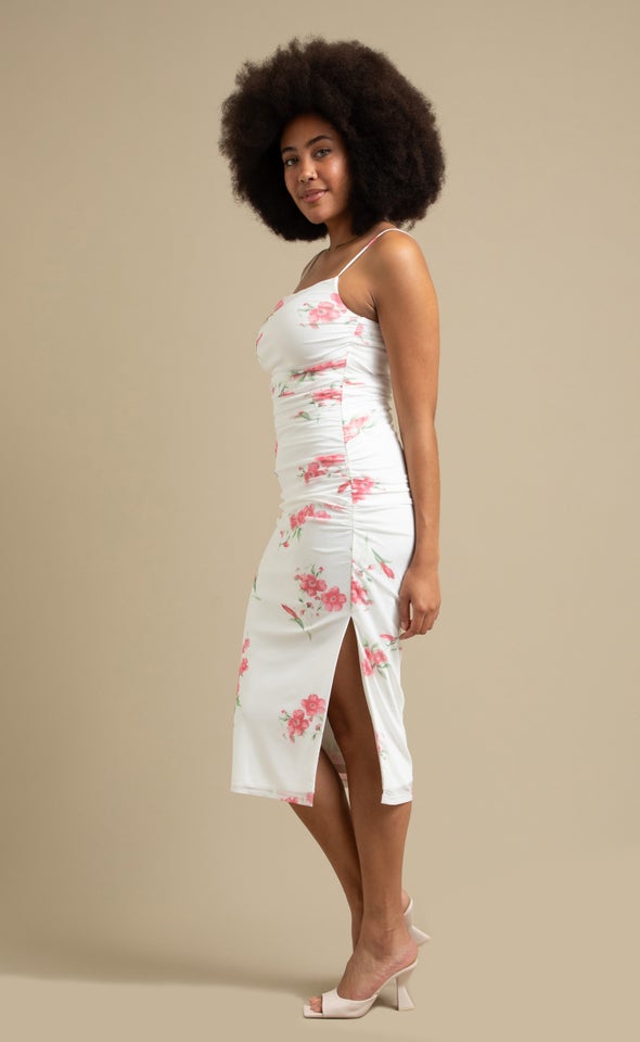 Ptd Mesh Ruched Midi Dress Cream/ Coral Floral