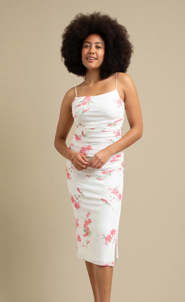 Ptd Mesh Ruched Midi Dress Cream/ Coral Floral