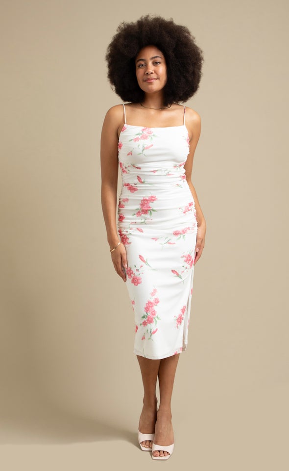 Ptd Mesh Ruched Midi Dress Cream/ Coral Floral