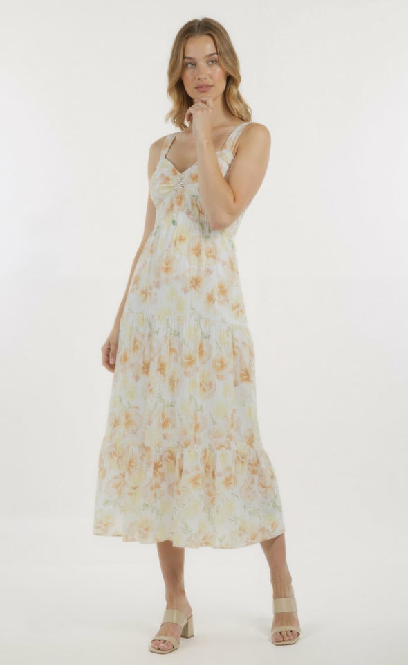 Ptd Poplin Sweetheart Midi Dress Cream/yellow Floral