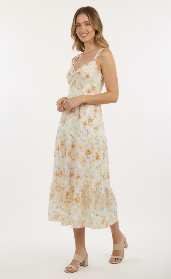 Ptd Poplin Sweetheart Midi Dress Cream/yellow Floral