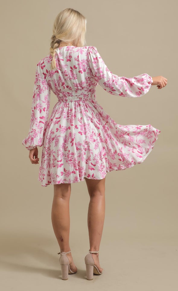 Ptd Rayon LS Tie Front Dress Cream/pink