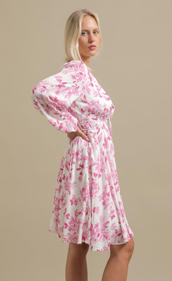 Ptd Rayon LS Tie Front Dress Cream/pink