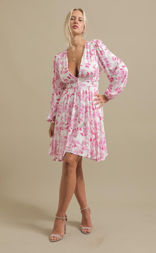 Ptd Rayon LS Tie Front Dress Cream/pink