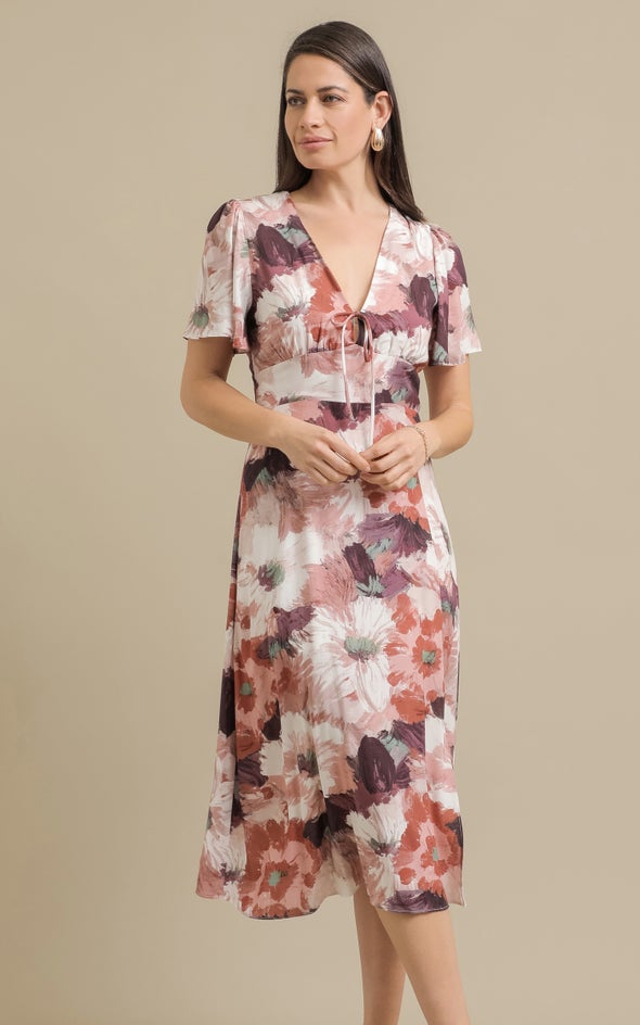 Ptd Rayon Tie Front Midi Dress Berry/floral